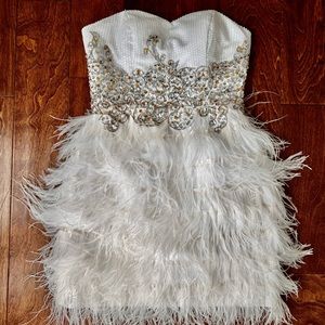 White Sequin Embellished Feather Dress
